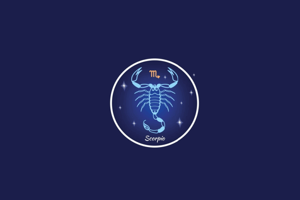 Ilustração do signo de Escorpião, contendo um escorpião de cauda erguida e o símbolo do signo em laranja, dentro de um círculo estrelado, em fundo azul-escuro