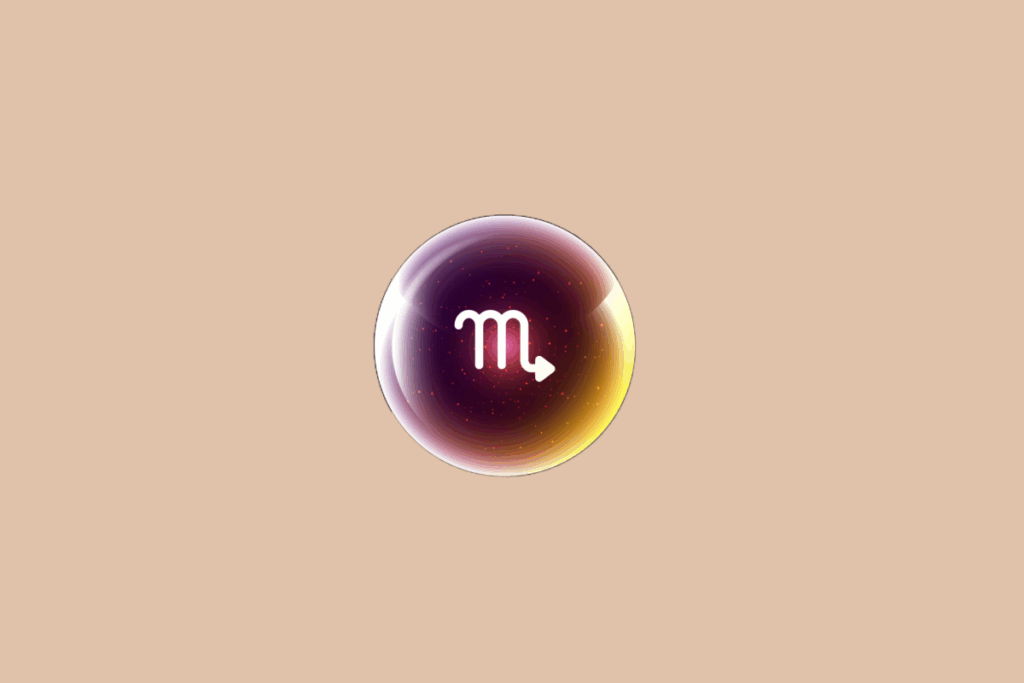 Ilustração do signo de Escorpião, em fundo bege, contendo o símbolo do signo em branco, semelhante à letra M com uma seta na ponta, no centro de uma esfera luminosa
