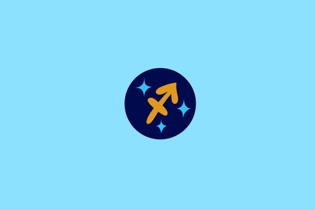 Ilustração do signo de Sagitário, contendo o símbolo do arqueiro (uma flecha diagonal cruzada por um pequeno traço), em fundo azul-claro