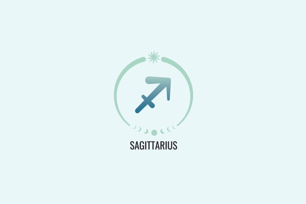 Ilustração do signo Sagitário, com símbolo de seta apontada para cima à direita, representando o arco e flecha, em azul esverdeado, sobre fundo verde-claro
