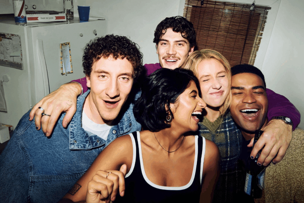 Fotografia em estilo casual e iluminada por flash de um grupo de cinco jovens adultos sorrindo e se abraçando alegremente em uma cozinha. Uma mulher no centro ri de perfil, cercada por quatro amigos que a envolvem com os braços, todos vestidos com roupas casuais como jaquetas jeans e suéteres. Ao fundo, vê-se uma geladeira branca com bilhetes e uma caixa de pizza sobre ela.