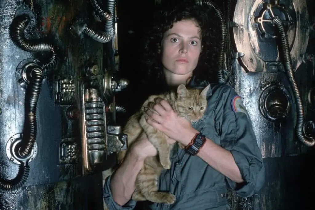 A personagem Ellen Ripley é mostrada do peito para cima, segurando um gato alaranjado contra o corpo. Ela veste um macacão de voo cinza escuro com um emblema colorido no ombro e um relógio digital preto robusto no pulso. Ripley tem cabelos escuros e cacheados e uma expressão de alerta ou medo nos olhos. O fundo é composto pelas paredes metálicas, escuras e cheias de tubulações e fiações industriais da nave Nostromo.