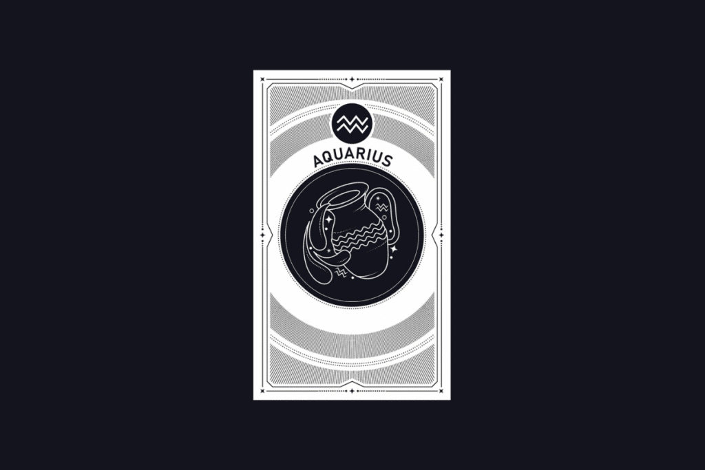 Ilustração em estilo carta de tarot em preto e branco do signo de Aquário, contendo o símbolo do signo, a palavra "AQUARIUS" e um jarro derramando água no centro.