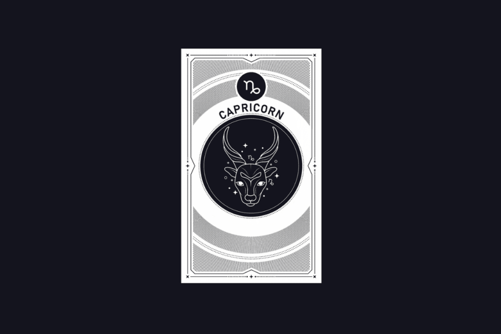 Ilustração em estilo carta de tarot em preto e branco do signo de Capricórnio, contendo o símbolo do signo, a palavra "CAPRICORN" e a cabeça de uma cabra no centro.