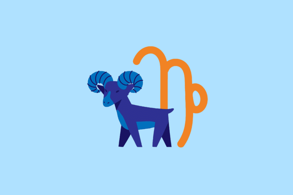 Ilustração vetorial sobre fundo azul-claro representando o signo de Capricórnio. Mostra uma cabra em tom azul-escuro com chifres curvados, com o símbolo astrológico de Capricórnio em tom laranja ao fundo.