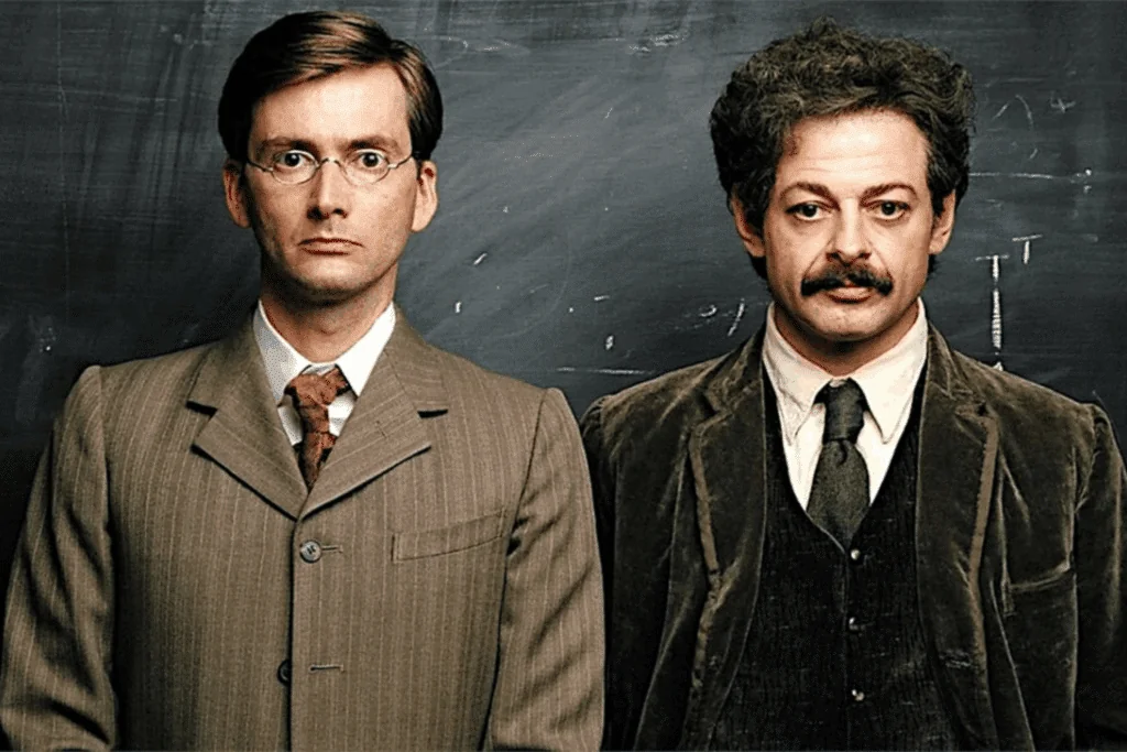 Dois homens vestidos formalmente com ternos antigos do início do século XX, posicionados lado a lado e olhando fixamente para a frente, com uma lousa escura ao fundo.