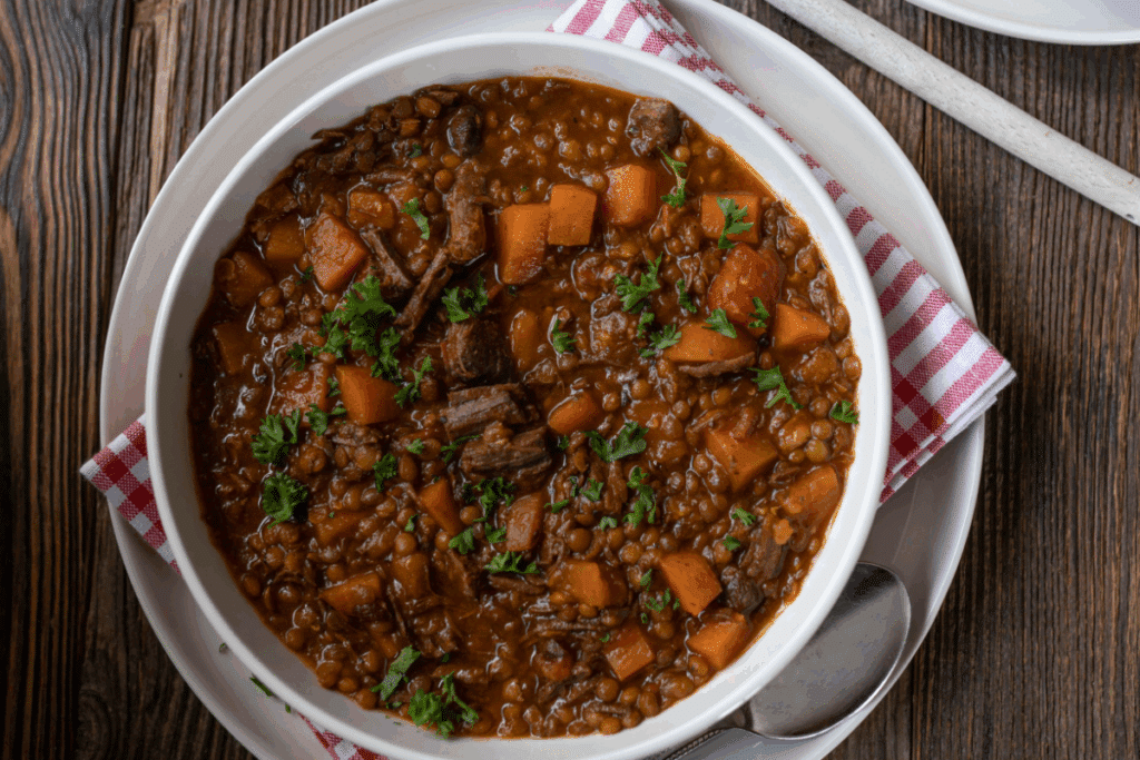 Vista superior de um prato fundo branco com um ensopado encorpado de lentilhas, pedaços de carne cozida e cubos de cenoura, salpicado com salsa fresca por cima. O prato está apoiado sobre um guardanapo xadrez vermelho e branco, disposto em uma mesa de madeira escura ao lado de uma colher.