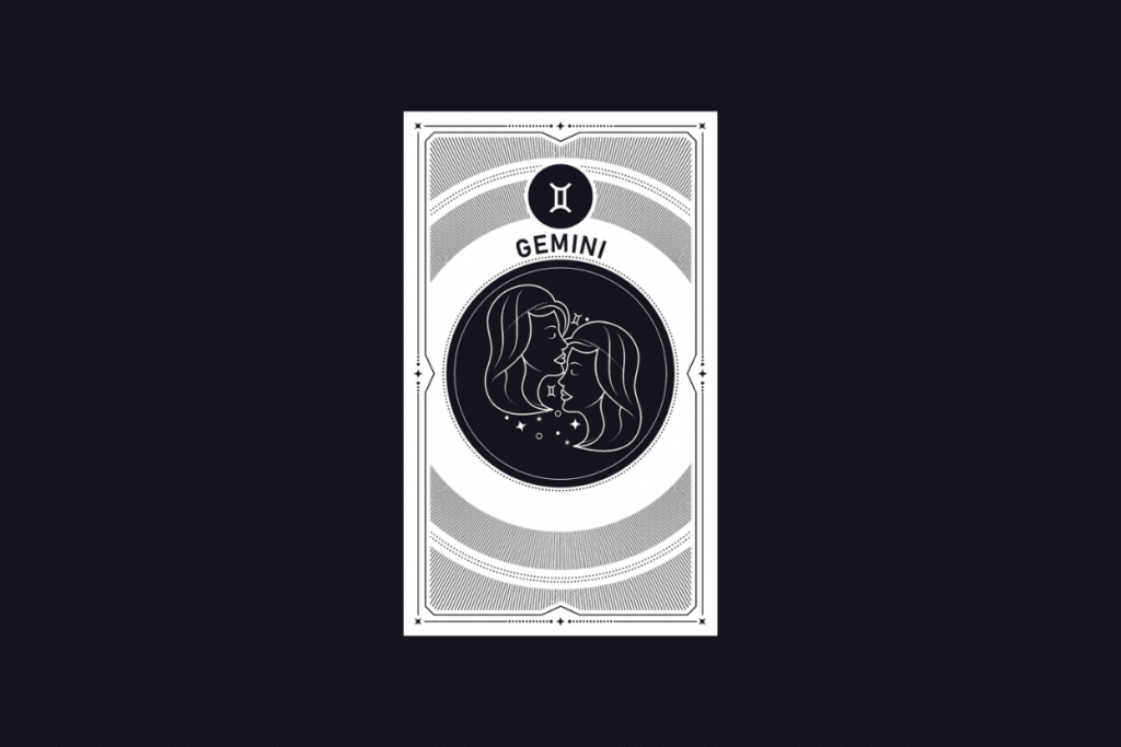 Ilustração em estilo carta de tarot em preto e branco do signo de Gêmeos, contendo o símbolo do signo, a palavra "GEMINI" e o perfil de duas mulheres frente a frente no centro.