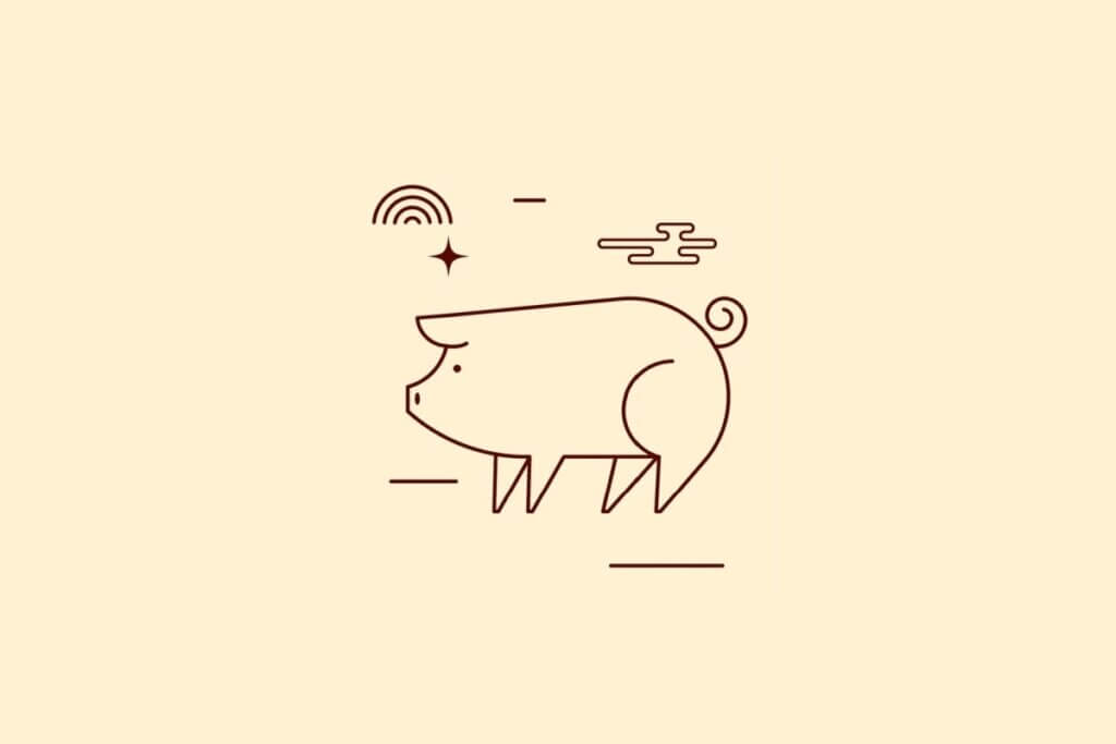 Ilustração minimalista em linhas marrons de um porco com rabo em espiral, sobre um fundo bege. Elementos decorativos lineares e uma pequena estrela cercam o animal.