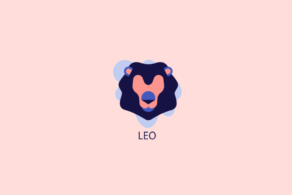 Ilustração minimalista da cabeça de um leão azul escuro e rosa sobre formas azuis claras e fundo rosa, com a palavra "LEO" escrita abaixo.