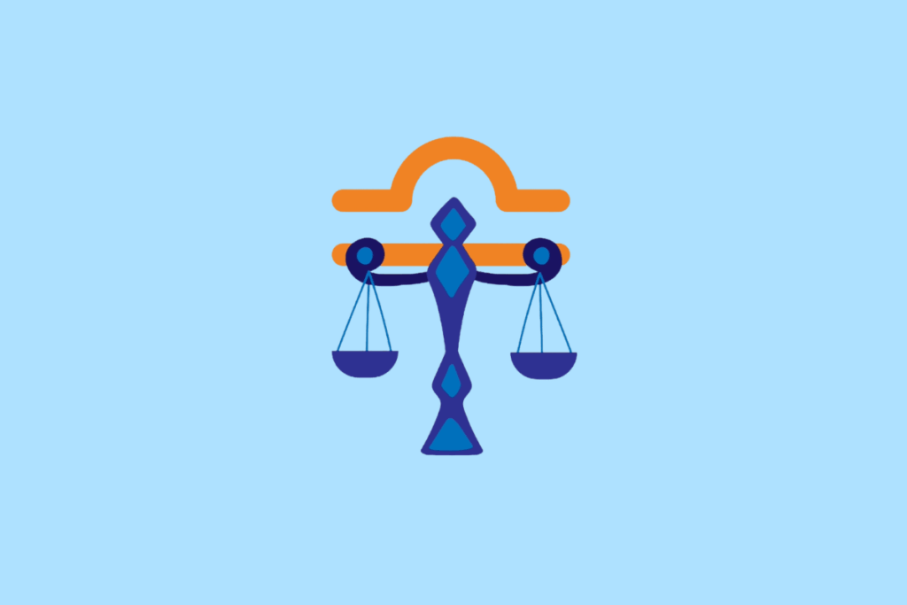 Ilustração vetorial sobre fundo azul-claro representando o signo de Libra. Mostra uma balança estilizada em tons de azul, com o símbolo astrológico de Libra em tom laranja ao fundo.