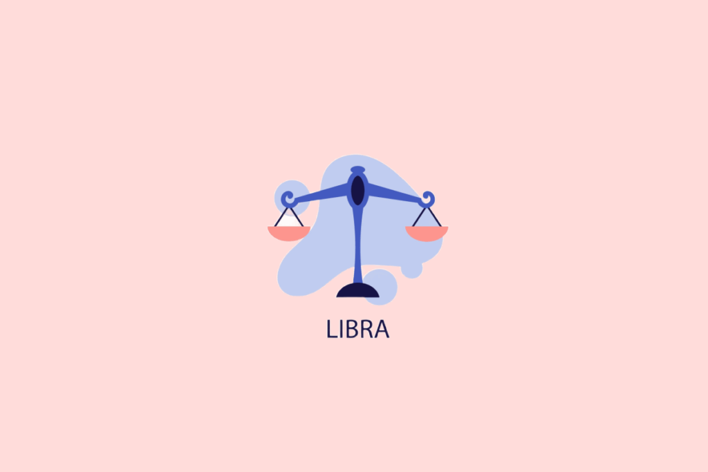 Ilustração minimalista de uma balança de dois pratos azul e rosa sobre formas azuis claras e fundo rosa, com a palavra "LIBRA" escrita abaixo.