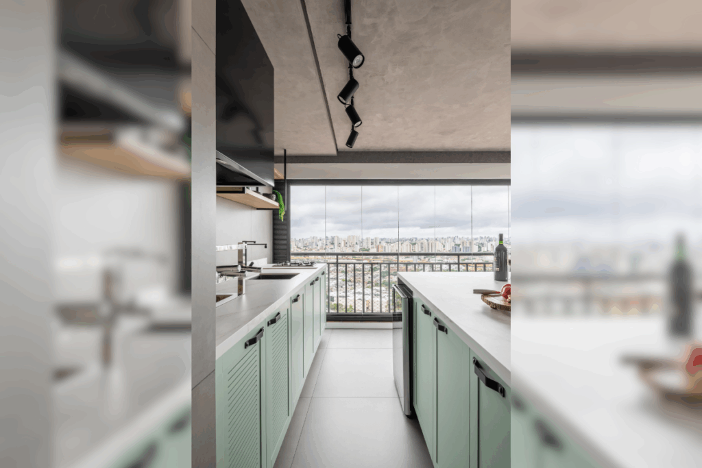 Cozinha de varanda gourmet com armários planejados na cor verde-menta e bancadas claras. No teto de cimento queimado, destaca-se um trilho com spots de luz pretos direcionáveis. Ao fundo, há um fechamento de vidro com vista urbana.