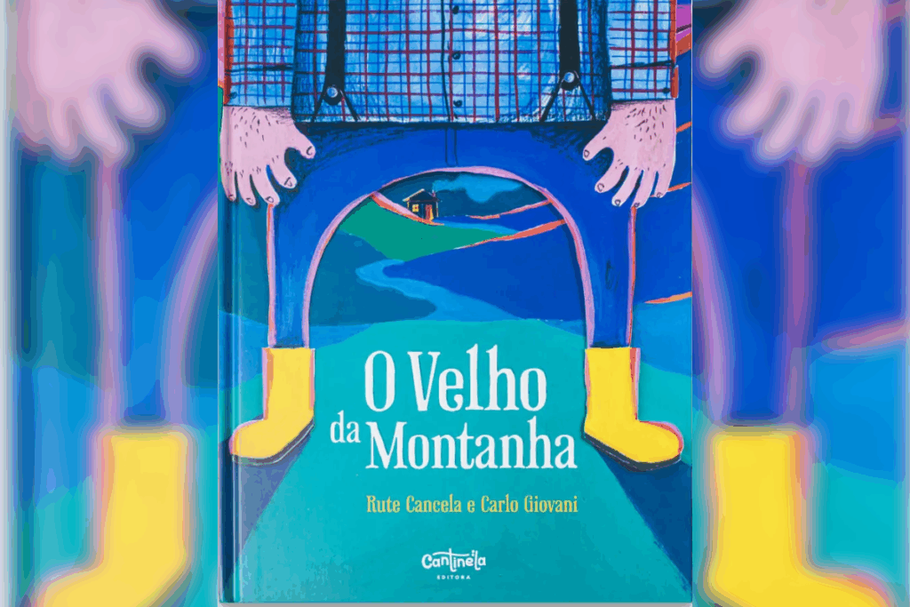 Capa de livro infantil mostrando as pernas e a cintura de um homem gigante de calça azul, camisa xadrez com suspensórios e galochas amarelas brilhantes. Entre as pernas abertas dele, avista-se ao fundo uma paisagem montanhosa com uma casa pequena sob o céu noturno. O título "O Velho da Montanha" está escrito em letras brancas na parte inferior.