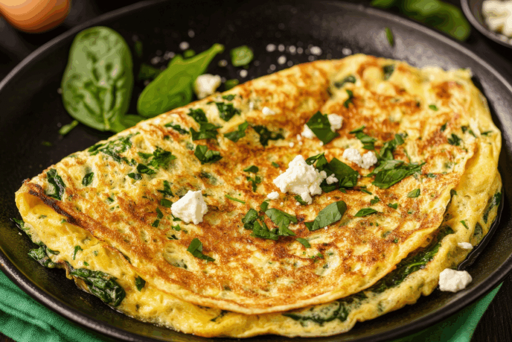 Omelete de espinafre dobrada em uma frigideira preta, finalizada com queijo cottage e ervas frescas por cima.