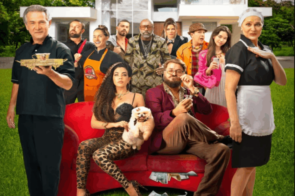 Elenco posando em frente a uma mansão, com personagens usando roupas chamativas e expressões