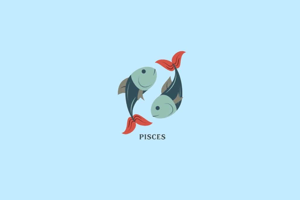 Ilustração estilizada de dois peixes nadando em sentidos opostos, formando um círculo, em tons de verde e vermelho, com a palavra "PISCES" escrita abaixo.