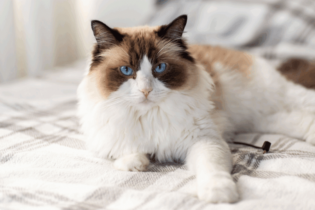 Gato Ragdoll deitado sobre uma colcha xadrez clara. Ele tem olhos azuis intensos, uma mancha branca em formato de "V" invertido no focinho, pelagem cheia e clara com extremidades escuras.