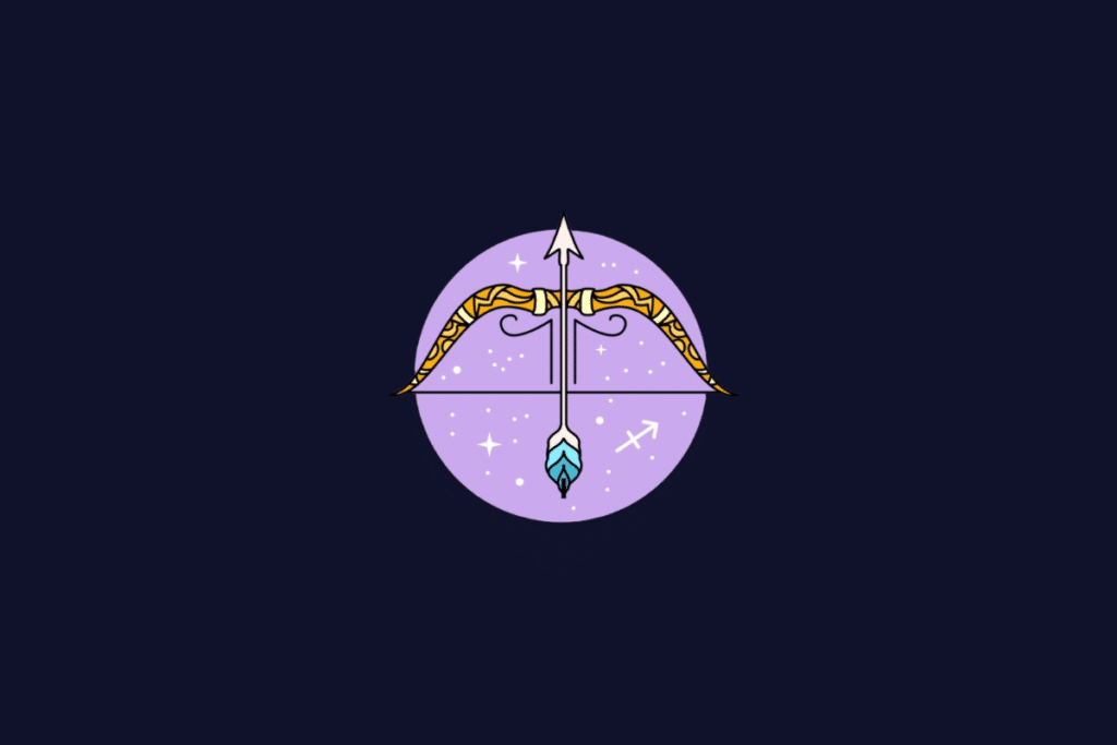 Ilustração do signo de Sagitário, mostrando um arco e flecha com detalhes amarelos e azuis, dentro de um círculo lilás.