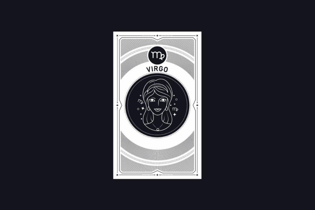 Ilustração em estilo carta de tarot em preto e branco do signo de Virgem, contendo o símbolo do signo, a palavra "VIRGO" e o rosto de uma mulher no centro.