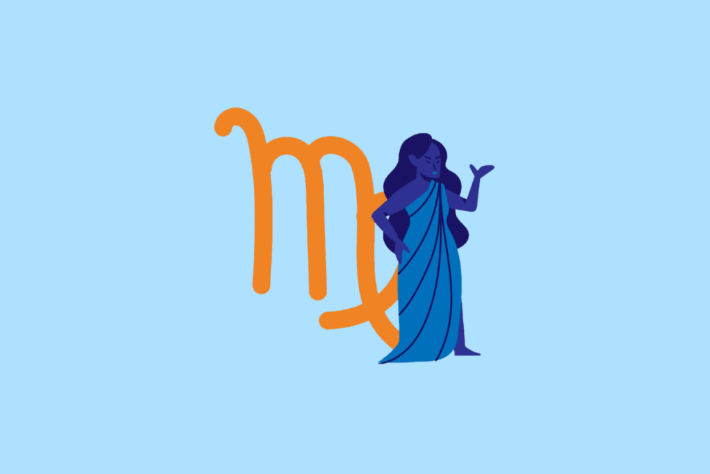 Ilustração vetorial sobre fundo azul-claro representando o signo de Virgem. Mostra uma mulher em tom azul-escuro com vestido longo azul-claro de pé, com o símbolo astrológico de Virgem em tom laranja ao fundo.