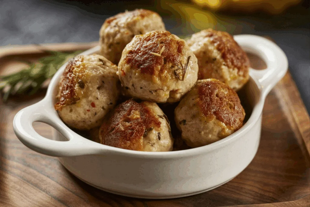 A imagem mostra uma travessa de cerâmica branca repleta de almôndegas de frango douradas, com a superfície bem selada e levemente crocante. As almôndegas apresentam pequenos pedaços de ervas e temperos visíveis, sugerindo um preparo caseiro.
