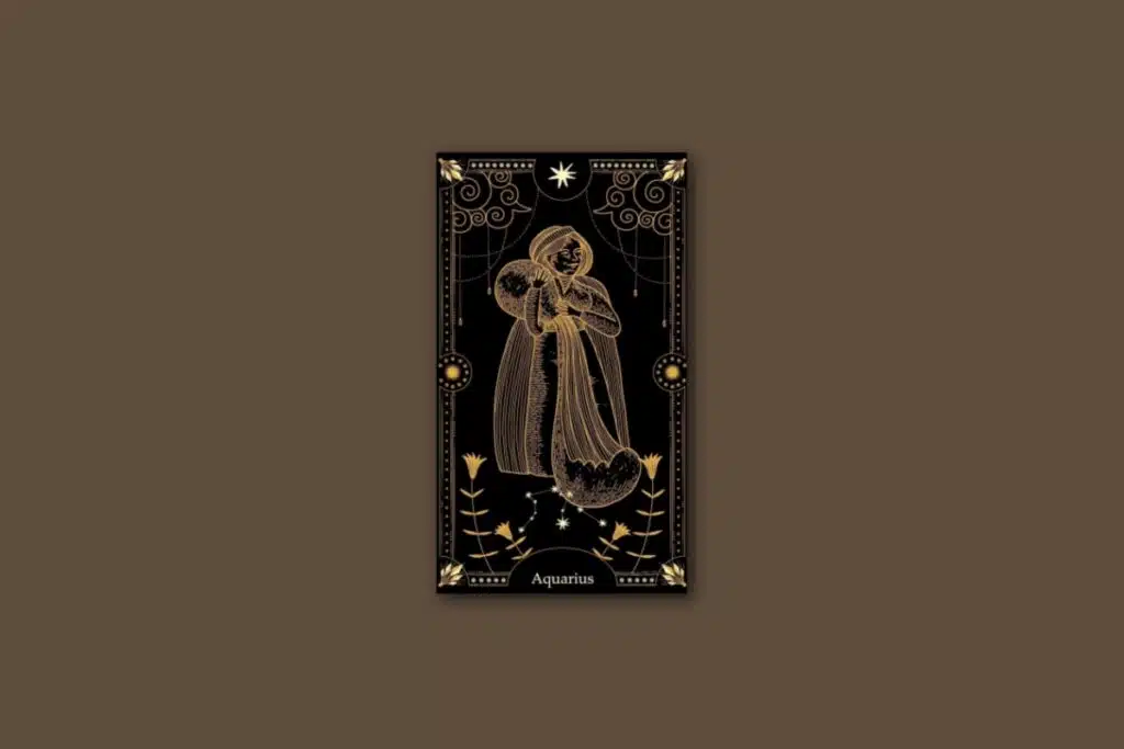 Ilustração de uma carta preta, com o desenho do signo e da constelação de aquário, com borda dourada e estrelas