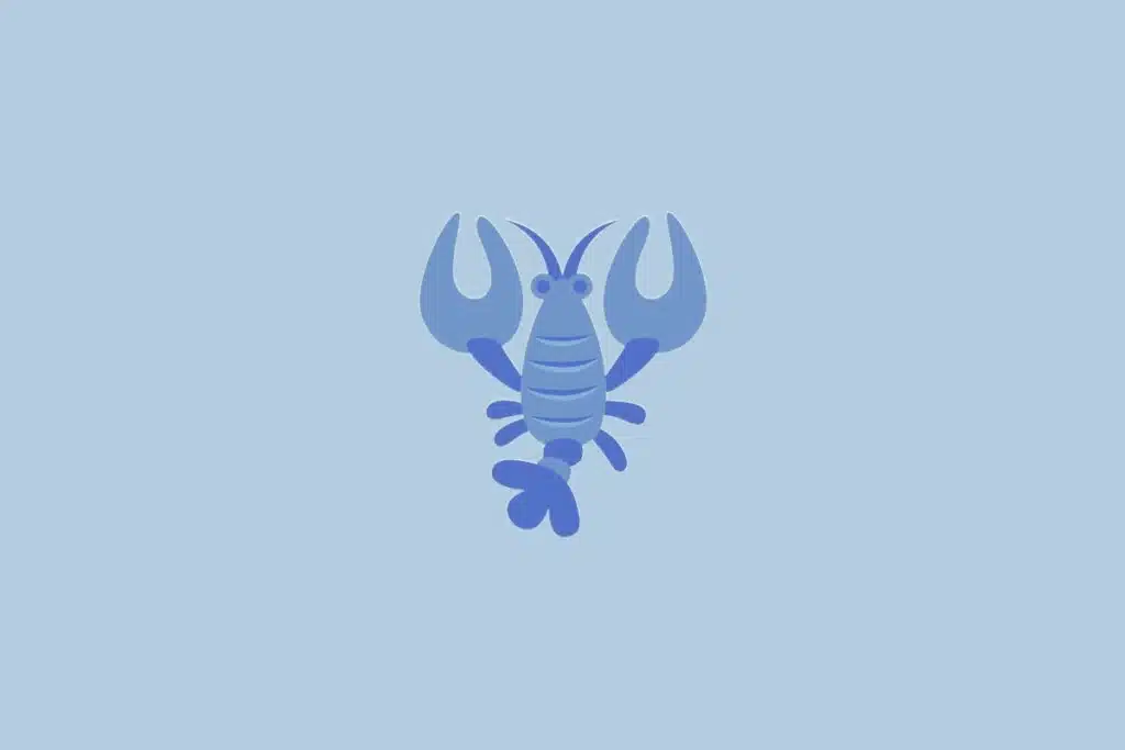 Ilustração do signo Câncer, com um caranguejo azul de pinças levantadas, sobre fundo azul-claro