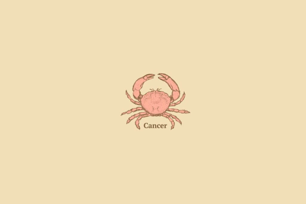 Ilustração do signo de câncer centralizado, com o nome do signo embaixo, em um fundo rosa-salmão