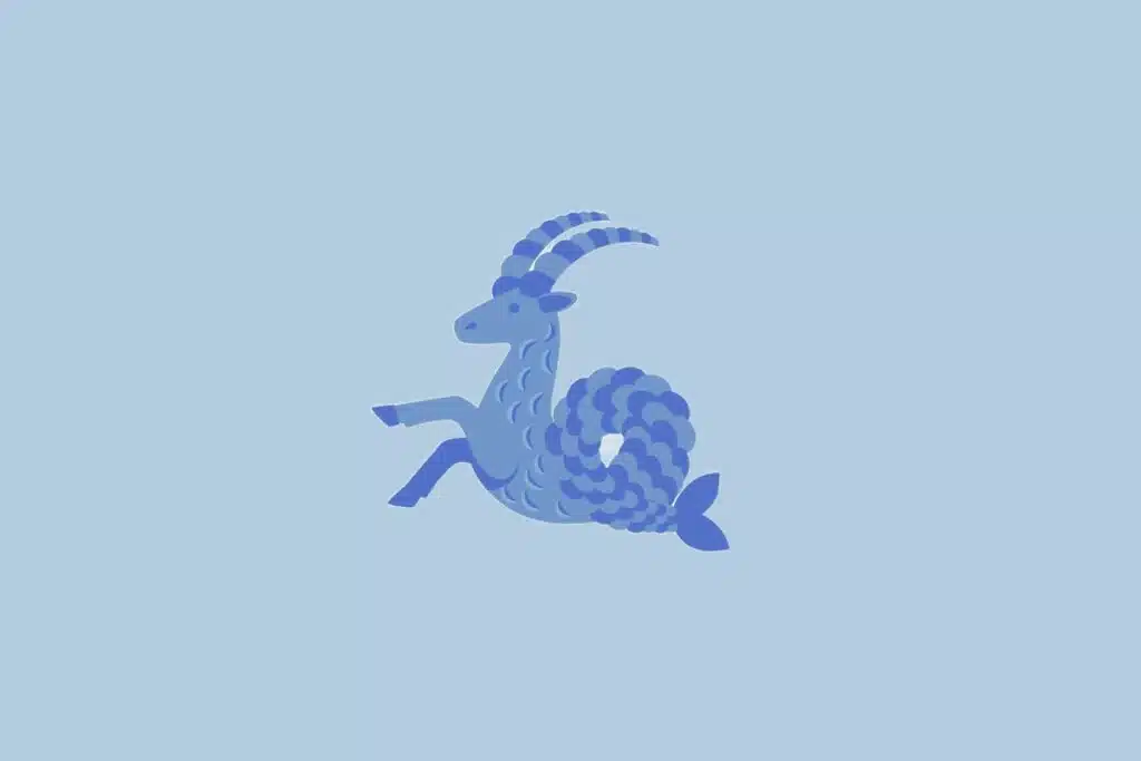 Ilustração do signo Capricórnio, com uma criatura azul de corpo de cabra e cauda de peixe, sobre fundo azul-claro