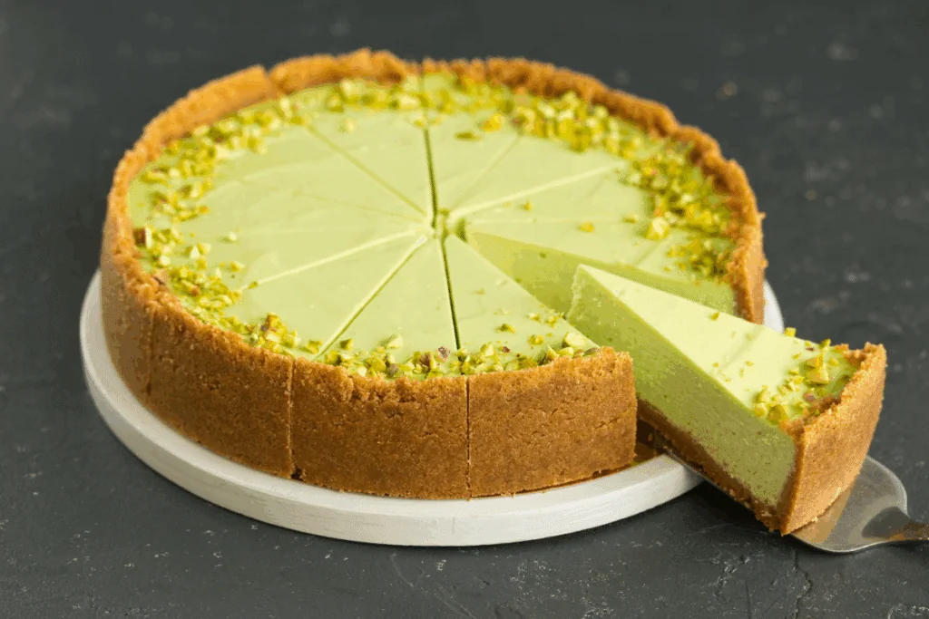 Cheesecake de pistache servido em prato branco em cima de bancada de pedra escura