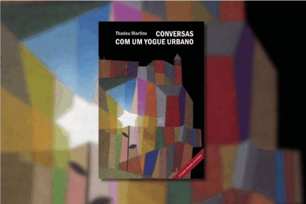 Capa do livro "Conversas com um yogue urbano", com a ilustração de um castelo em uma montanha colorida. Fundo preto 