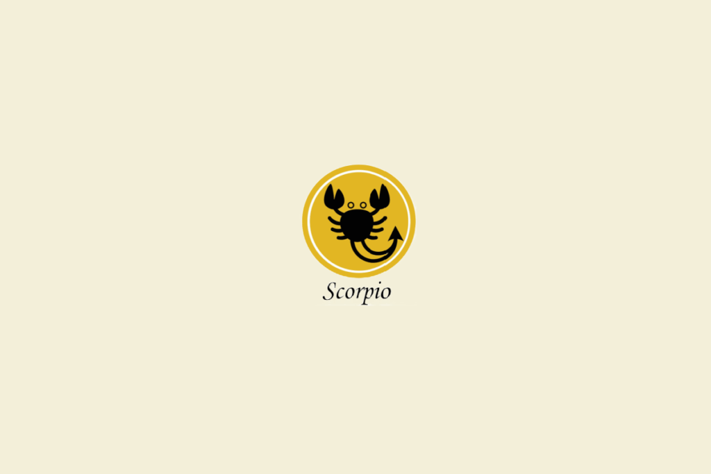 Ilustração de um escorpião, dentro de um círculo amarelo-escuro, representando o signo de escorpião, em fundo amarelo-claro
