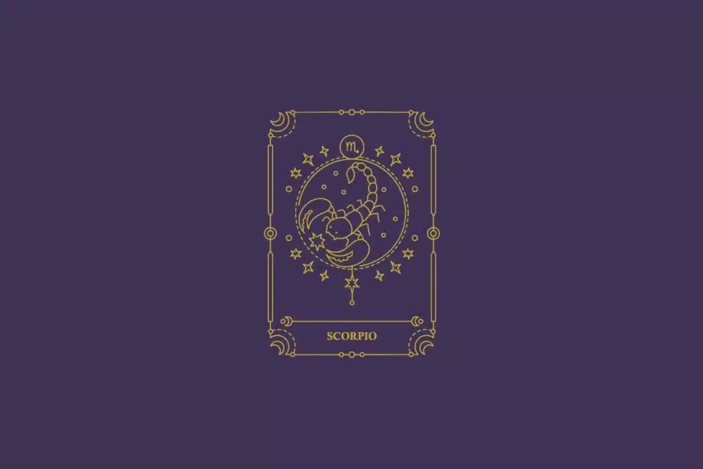 Ilustração do signo de escorpião em dourado com detalhes na mesma cor ao redor. Fundo roxo-escuro