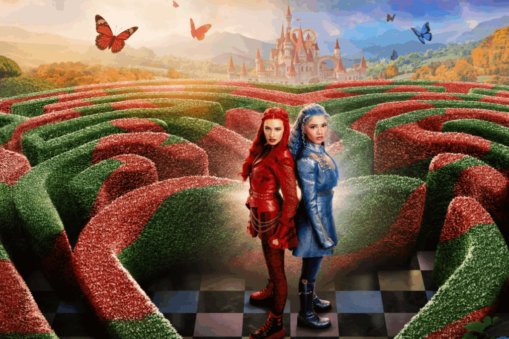 Imagem de duas jovens de costas uma para a outra, uma tem o cabelo vermelho e está usando roupa e sapato vermelho a outra tem o cabelo azul, e está vestindo roupa azul e sapato azul em cima de jardim em formato de corações vermelhos e verdes com borboletas no céu e castelo ao fundo