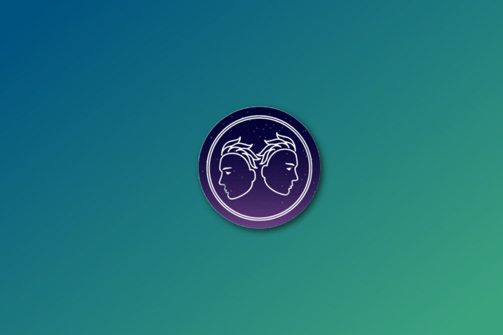 círculo azul com ilustração branca da cabeça de dois homens representando o signo de gêmeos sobre fundo verde