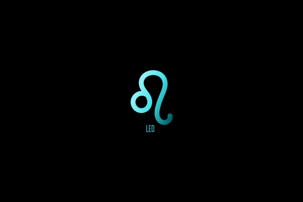 Ilustração do signo de leão em azul, com o nome do signo abaixo, centralizado em fundo preto
