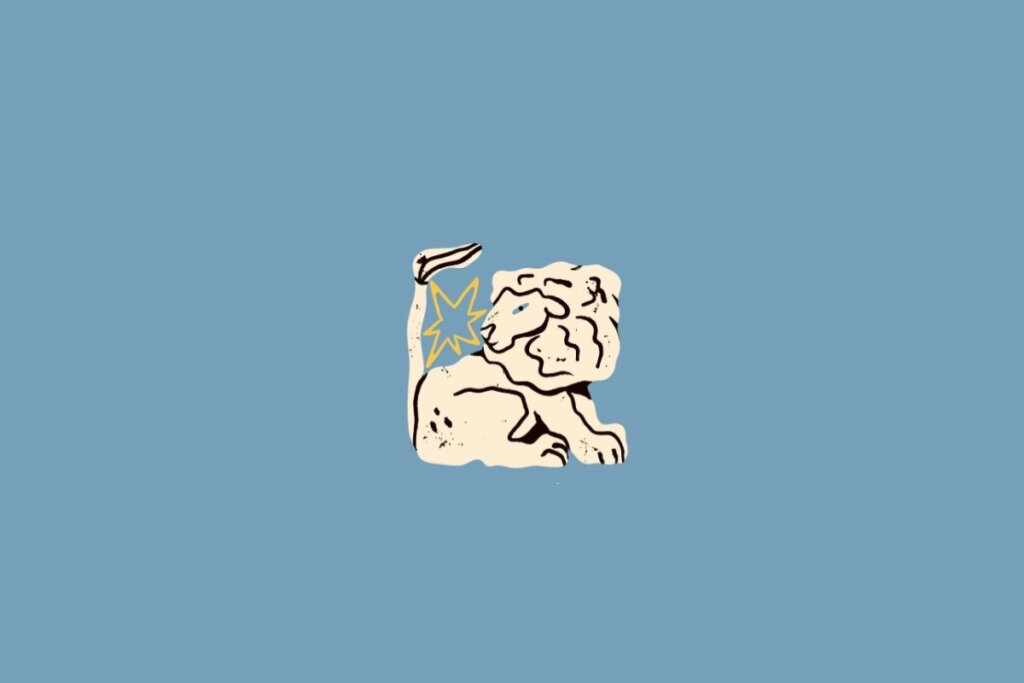 Ilustração de um leão em amarelo-claro sobre um fundo azul-claro