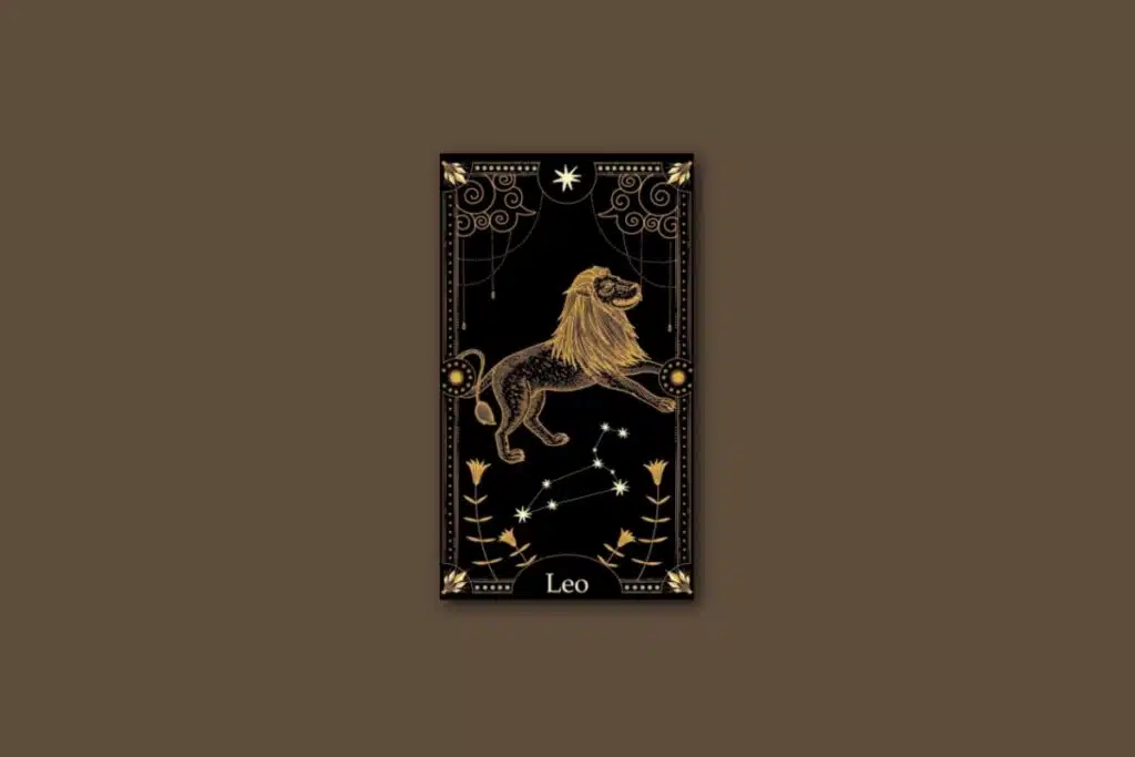 Ilustração de uma carta preta, com o desenho do signo e da constelação de leão, com borda dourada e estrelas
