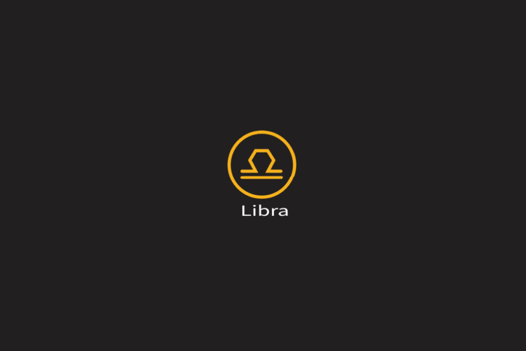 Ilustração do signo de libra em amarelo, dentro de um círculo da mesma cor, centralizado em fundo preto