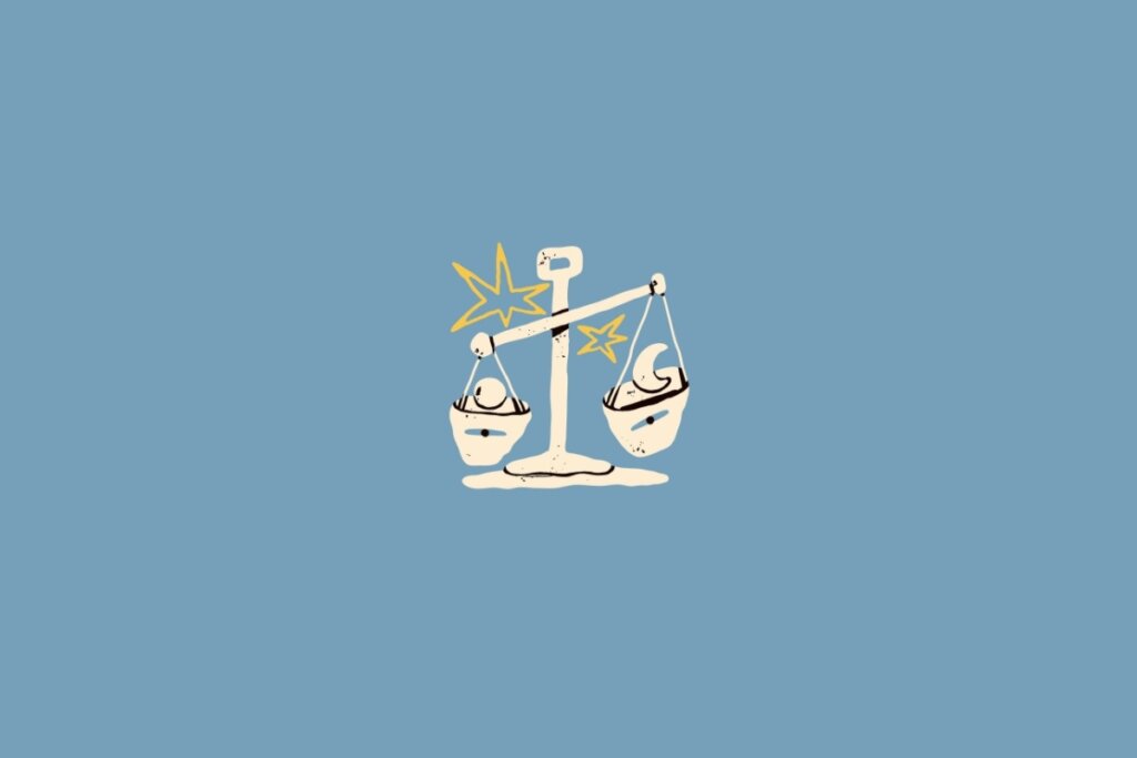 Ilustração de uma balança em amarelo-claro sobre um fundo azul-claro