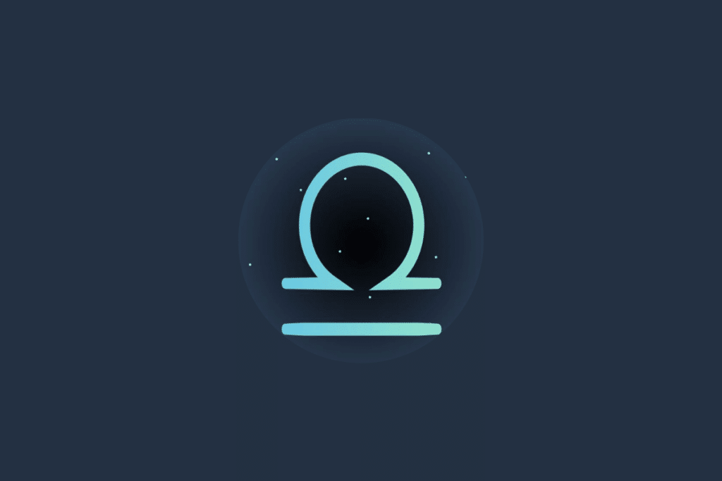 Ilustração do signo de libra, em verde-claro e cercado por estrelas, centralizado em fundo verde-escuro