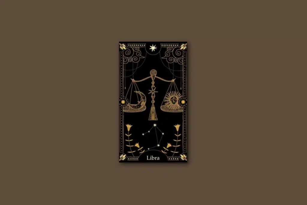 Ilustração de uma carta preta, com o desenho do signo e da constelação de Libra, com borda dourada e estrelas