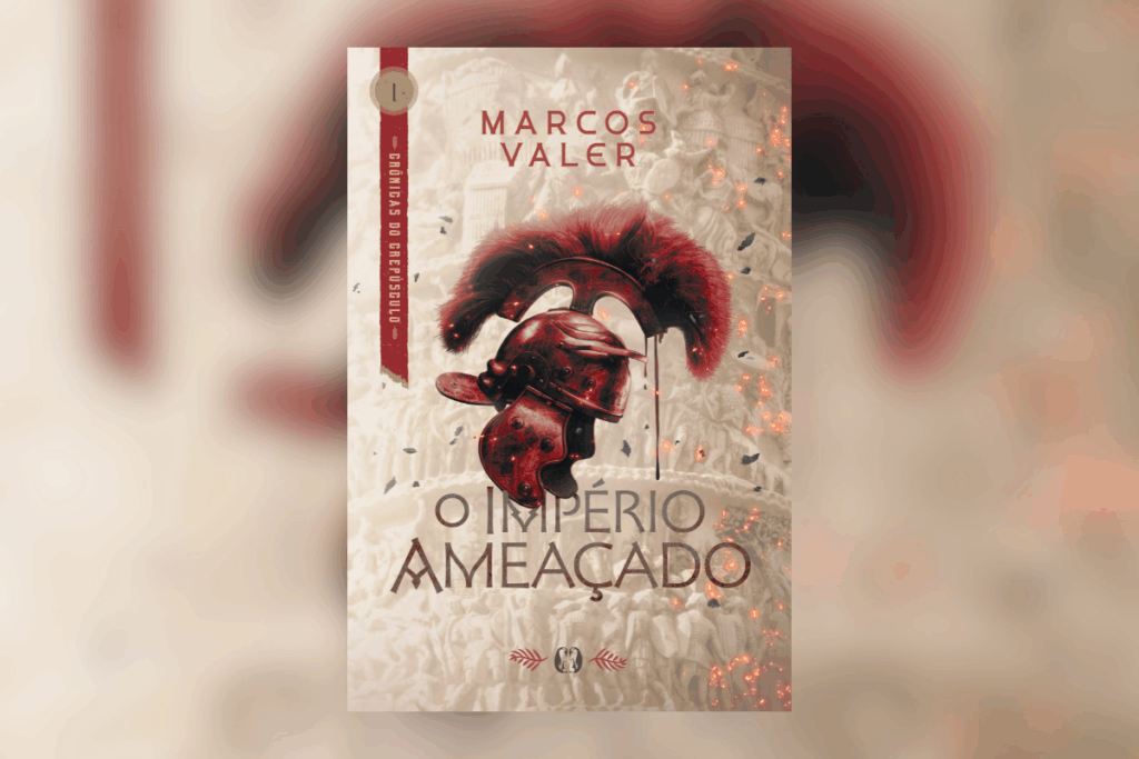 Capa de livro bege com o título e nome do autor escrito em marrom e vermelho e ilustração de um capacete do Império Romano em vermelho escorrendo