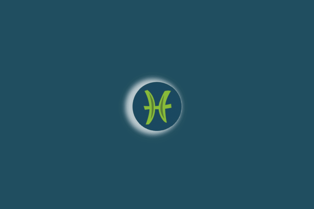 Ilustração do símbolo do signo de peixes com luz branca ao redor. Fundo verde-escuro