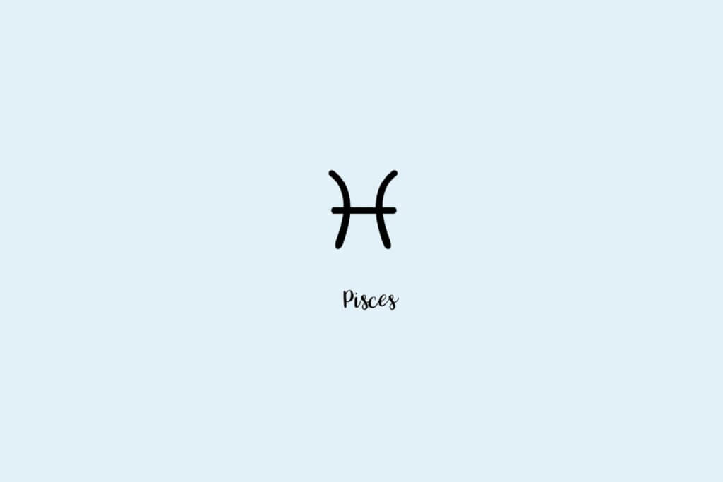 Ilustração do símbolo do signo de peixes, com o nome embaixo, em um fundo azul-claro