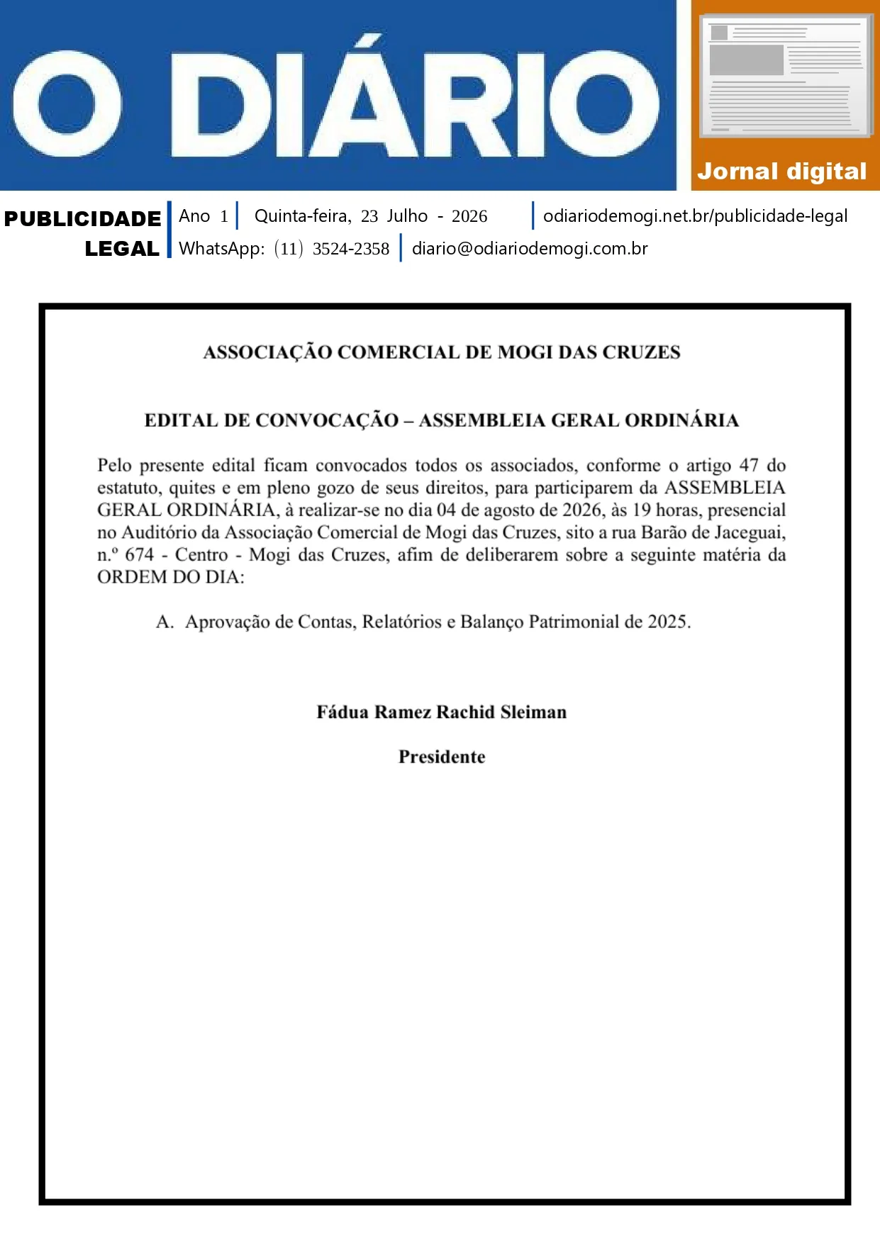Quinta-feira, 23 de Julho