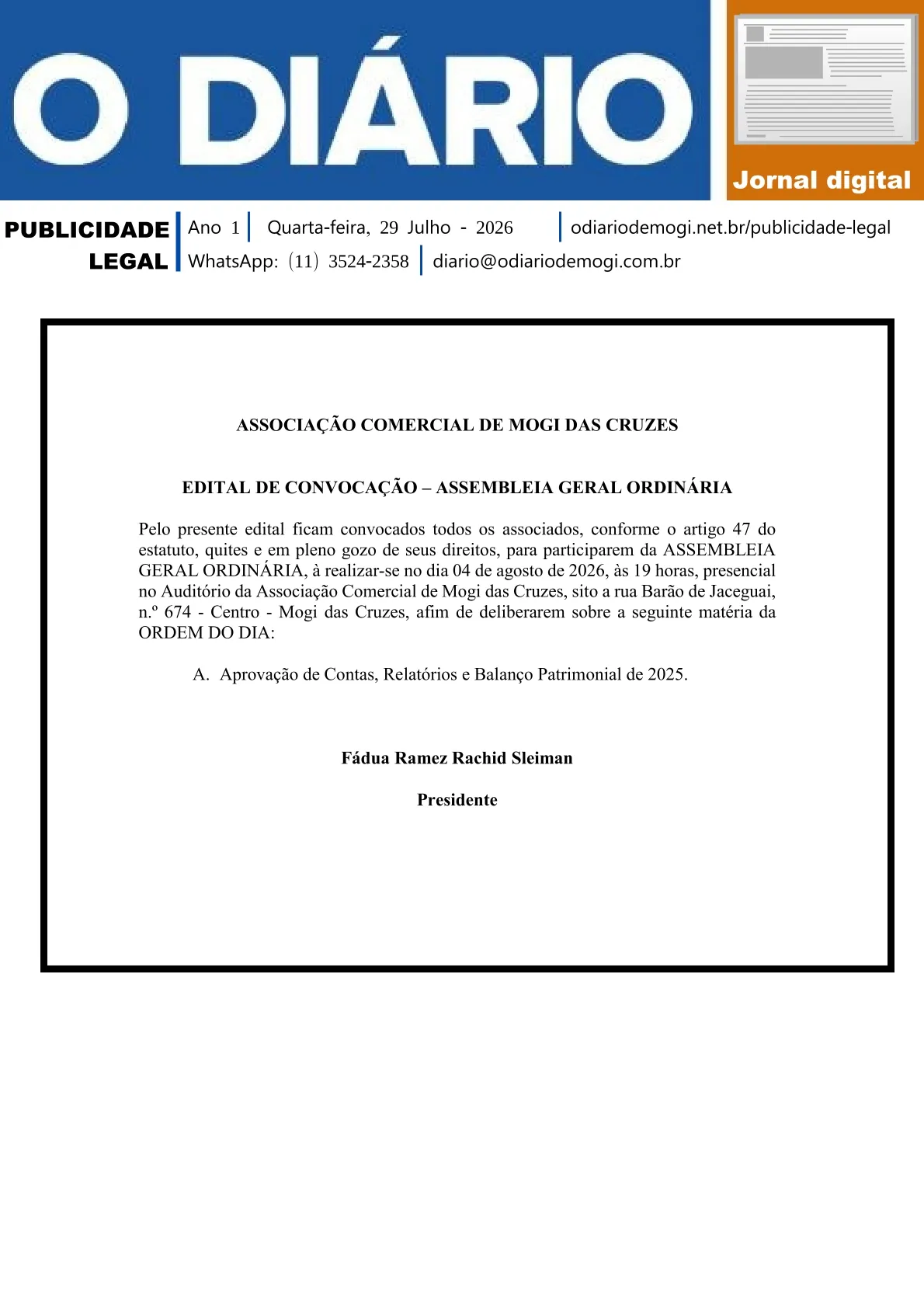 Quarta-feira, 29 de Julho