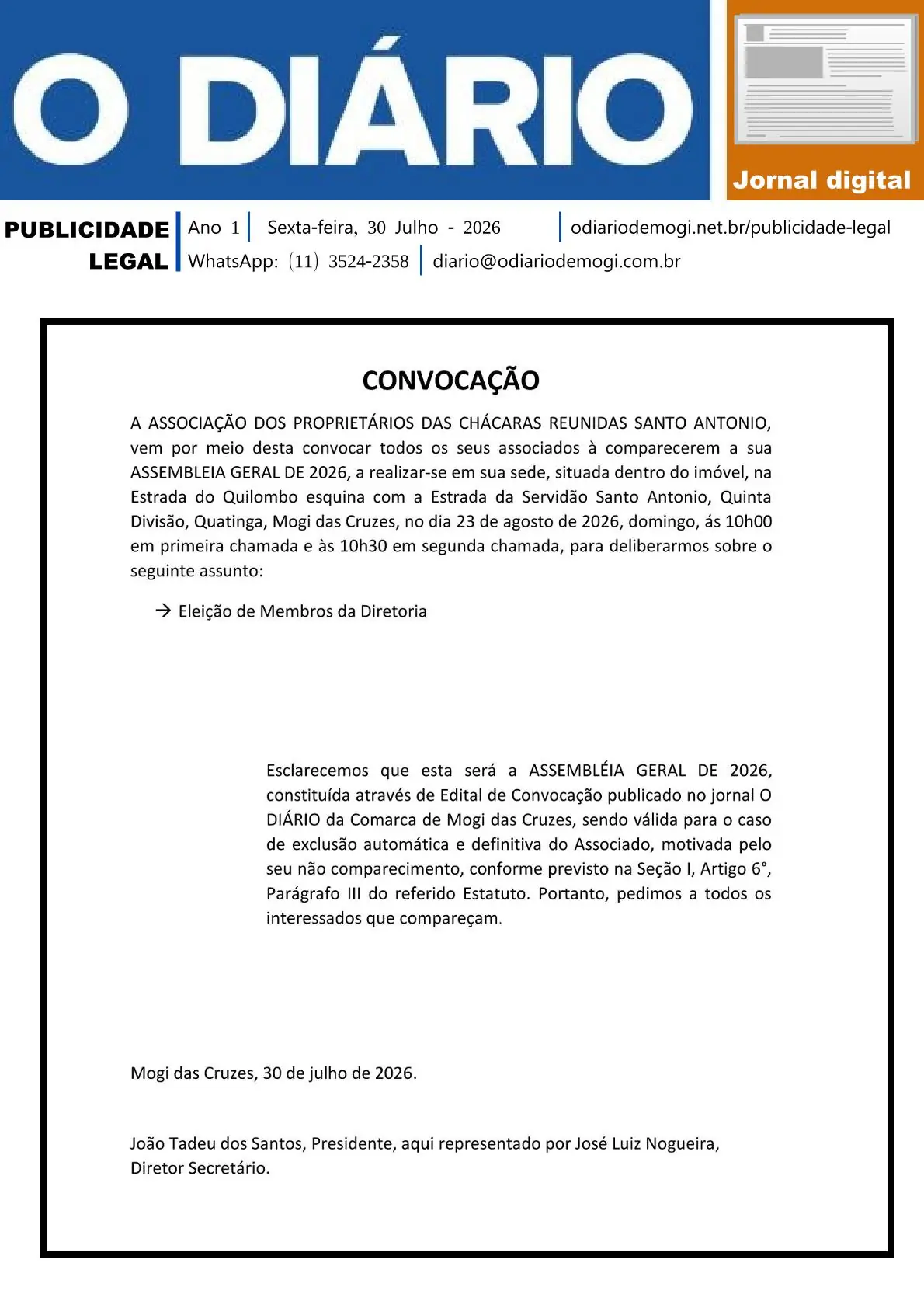 Quinta-feira, 30 de Julho