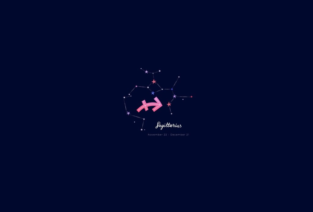 Ilustração do signo de sagitário, na cor rosa, sobre um fundo azul-escuro, com a constelação do signo ao redor